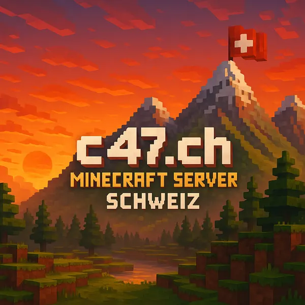 Minecraft Server Schweiz Grafik mit weisser Bergsilhouette auf rotem Grund