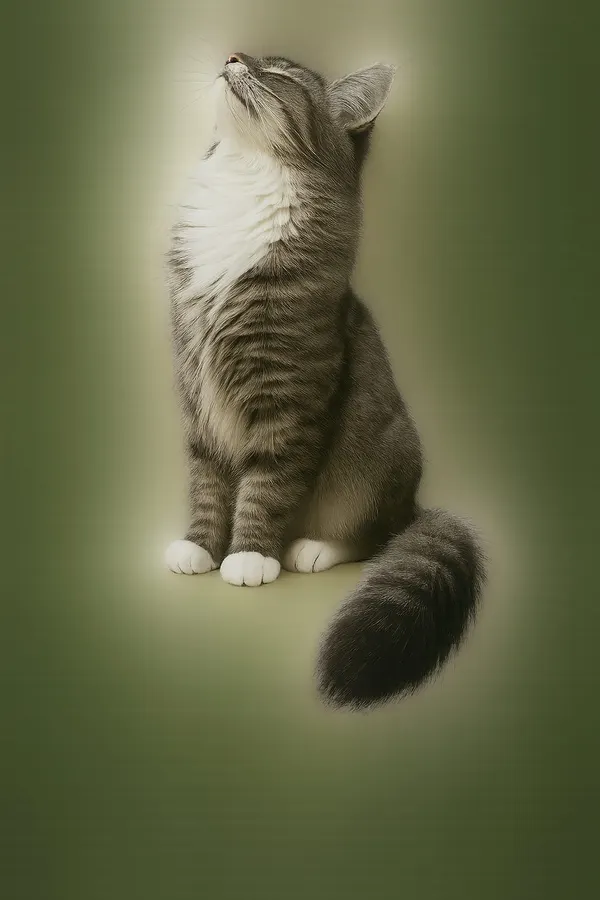 Katze sitzt aufrecht im grünen Gras und schaut in die Kamera