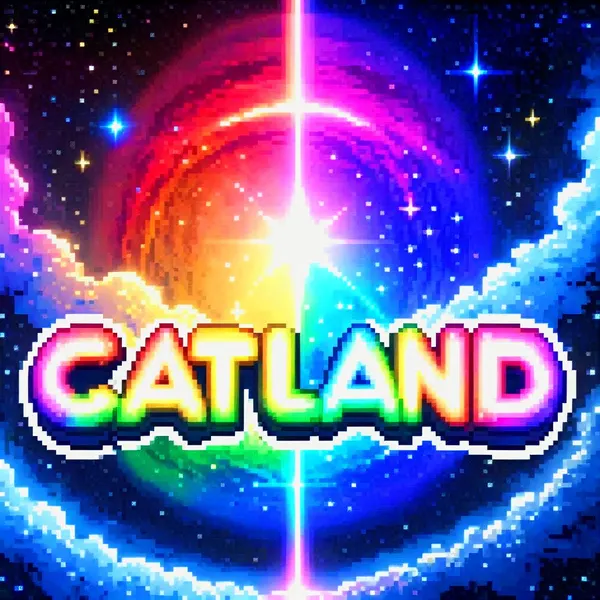 Catland Schriftzug in Regenbogenfarben vor kosmischem Sternenhimmel