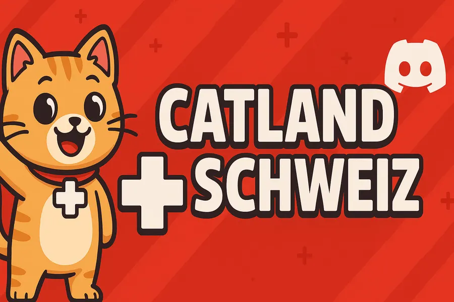 Catland Maskottchen neben Schweizerkreuz mit Schriftzug Catland Schweiz